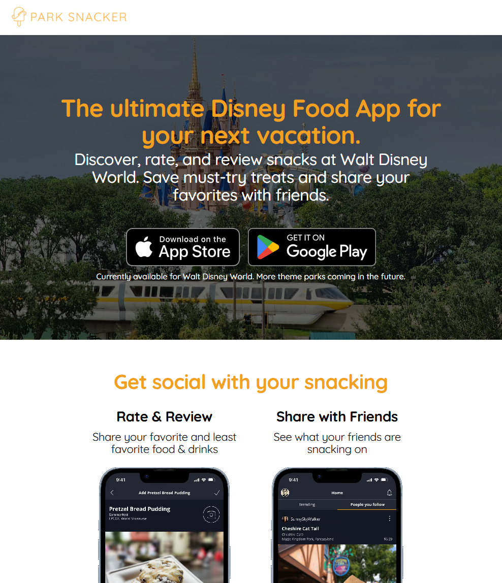 The Park Snacker site, with app download links
